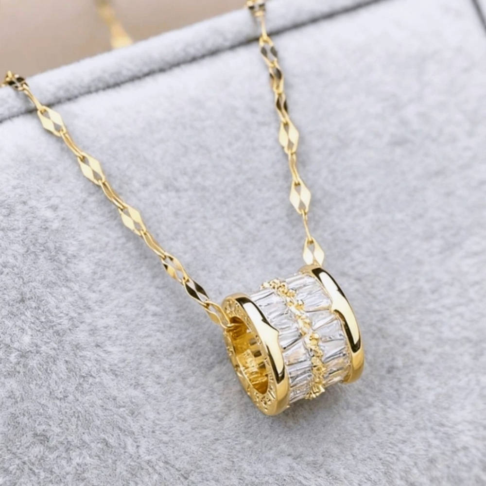14K Gold Diamond Cylinder Barrel Necklace